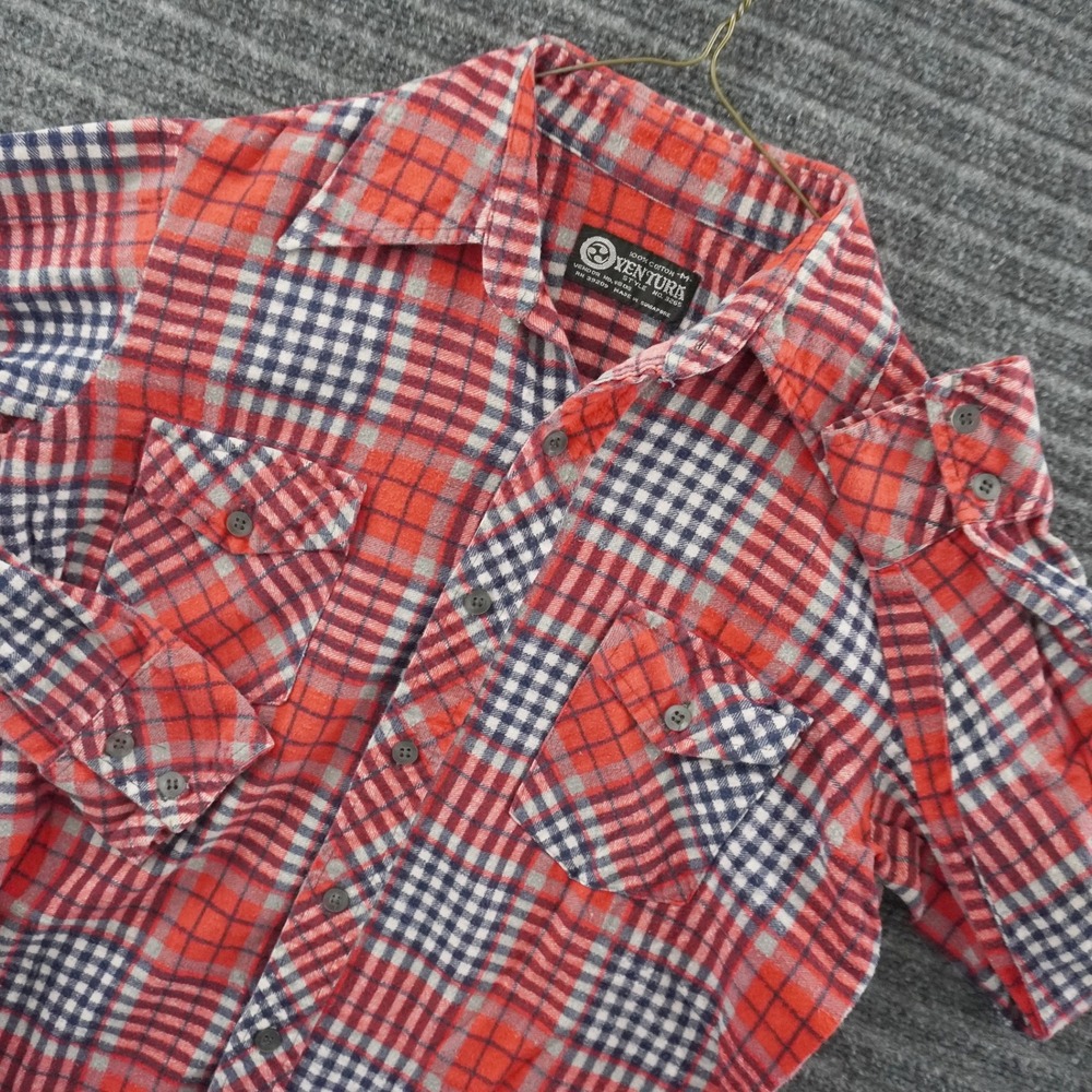 Vintage 70s Ventura Flannel Shirt Mens Size M Red Plaid Long Sleeve Cotton
